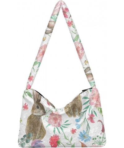 Rabbits Floral Tote Handbags for Women Ultra Soft Fluffy Shoulder Bag with Zipper Fashion Durable Tote Bag for Party Office S...