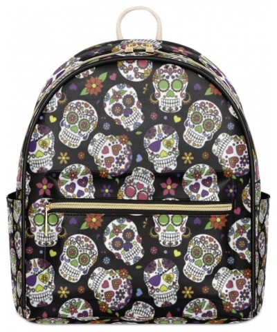 Mexican Skull Printed Flower Mini Backpack Purse for Women, Skull Small Backpack Leather Casual Daypacks Ladies Shoulder Bags...