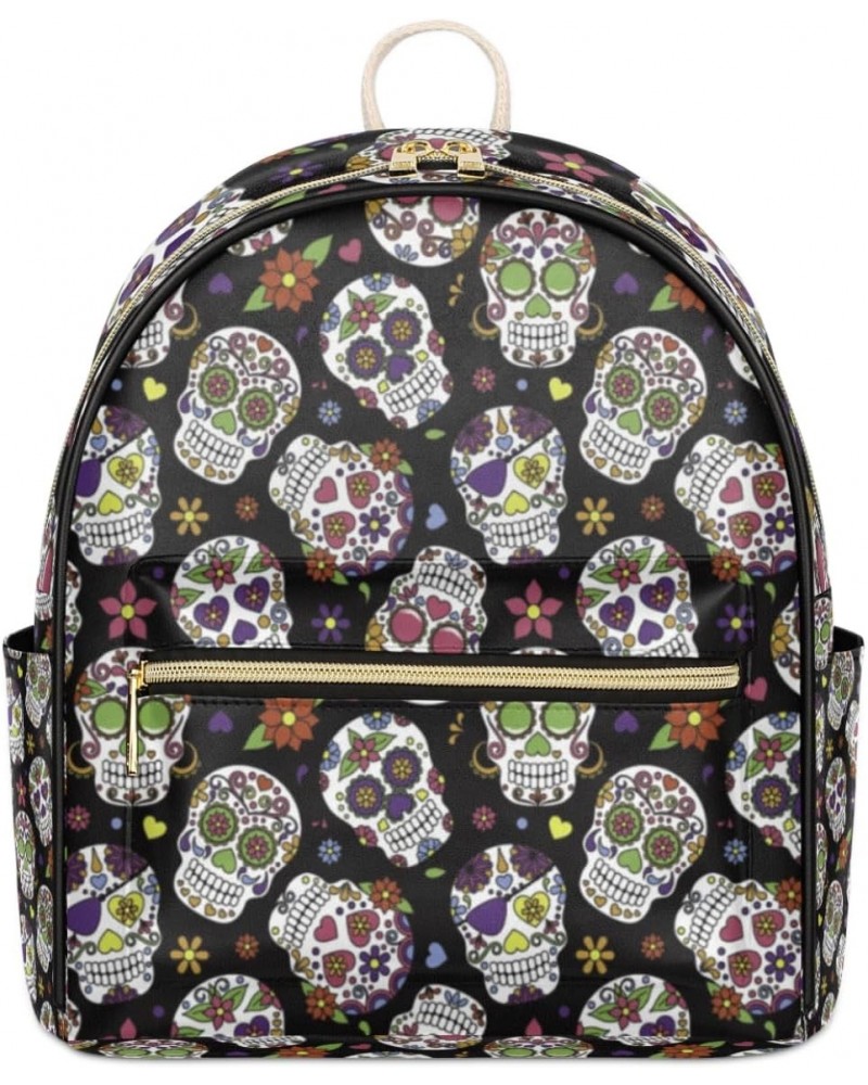 Mexican Skull Printed Flower Mini Backpack Purse for Women, Skull Small Backpack Leather Casual Daypacks Ladies Shoulder Bags...