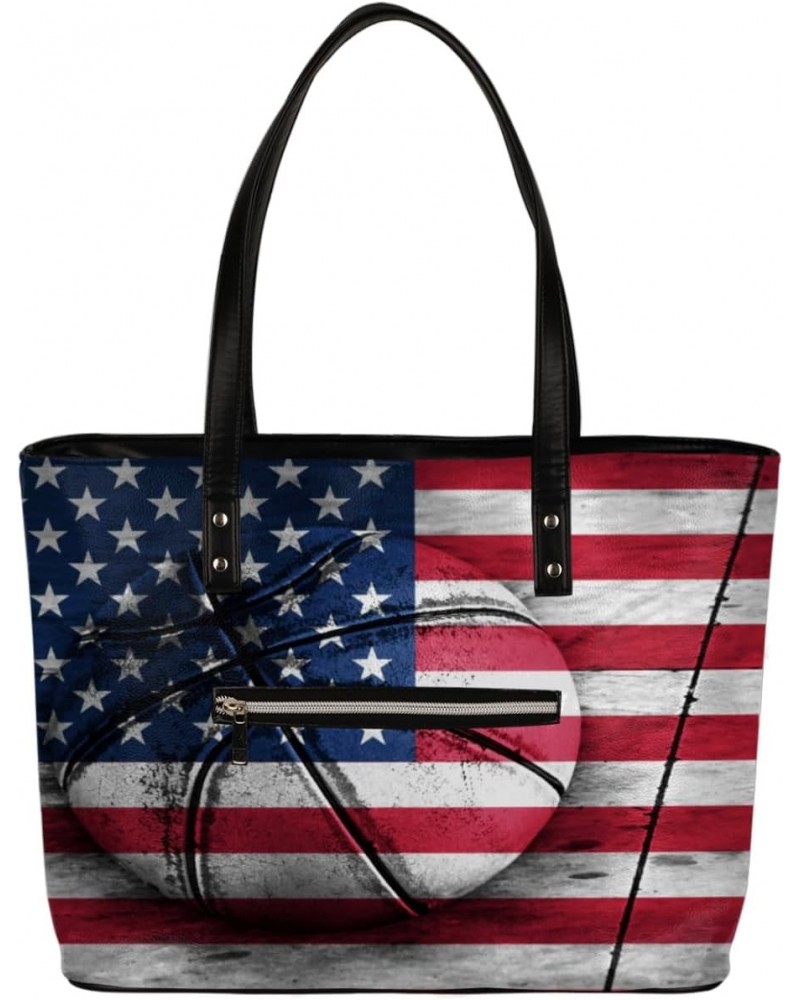 Basketball America Flag Tote Bag Women Shoulder Handbags PU Leather Everyday Bag with External Pocket Large Capacity Aestheti...