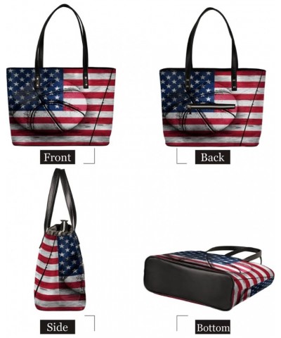 Basketball America Flag Tote Bag Women Shoulder Handbags PU Leather Everyday Bag with External Pocket Large Capacity Aestheti...