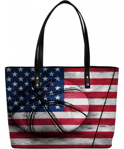 Basketball America Flag Tote Bag Women Shoulder Handbags PU Leather Everyday Bag with External Pocket Large Capacity Aestheti...