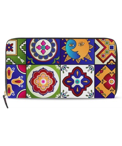 Seamless Indian Lotus Cute Ethnic Elephant African Tribal Ornament Leather Long Wallet Organizer with Zipper Purse Clutch Bag...