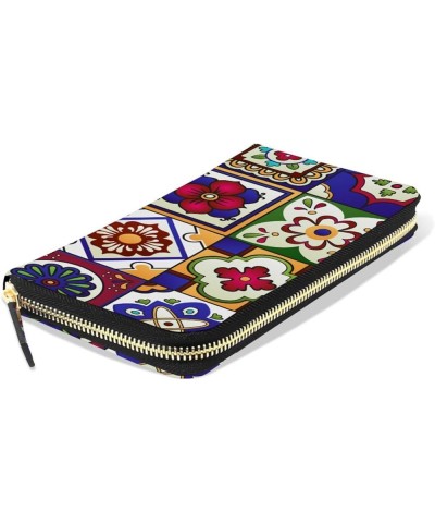 Seamless Indian Lotus Cute Ethnic Elephant African Tribal Ornament Leather Long Wallet Organizer with Zipper Purse Clutch Bag...