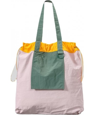 Drawstring Color-Block Tote Bag with Large Capacity, Lightweight Nylon Shopper Sporty Vertical Nylon Tote Pink&green $16.76 T...