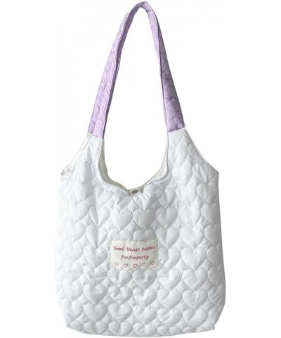 Women Heart Quilted Bag Soft Padding Tote Bag Large Capacity Lightweight Candy Color Shopping Handbag for Female White $11.27...