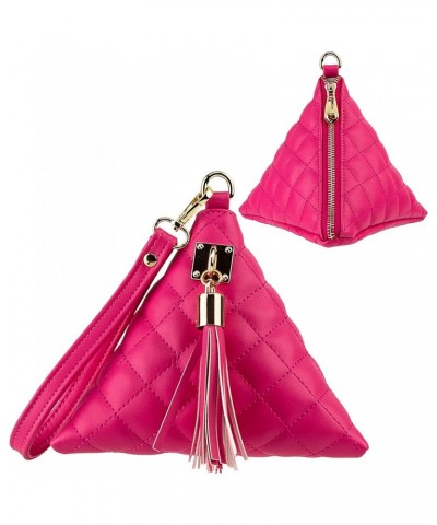 Leather Quilted Triangle Wristlet Clutch Purse Handbag - Pyramid Evening Cocktail Wallet Tassel Charm Dark-pink $10.07 Wristlets