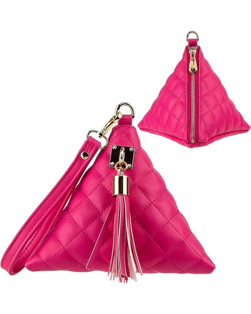 Leather Quilted Triangle Wristlet Clutch Purse Handbag - Pyramid Evening Cocktail Wallet Tassel Charm Dark-pink $10.07 Wristlets