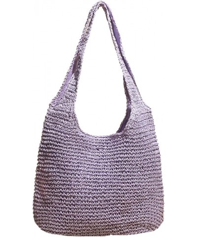 Women's Straw Bag Woven Bag Rattan Shoulder Bag Beach Bag Top-Handle Handbags With Candy Color Purple $19.57 Shoulder Bags