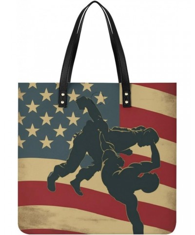 American Flag Wrestling Handbag Large Capacity Top-Handle Bag Ladies Shoulder Totes $12.71 Totes