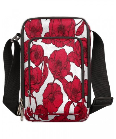 Aesthetic Flower Red White Cross Body Bags Trendy Cross Body Cell Phone Purse Wallet Shoulder Bag Small Travel Crossbody Bag ...