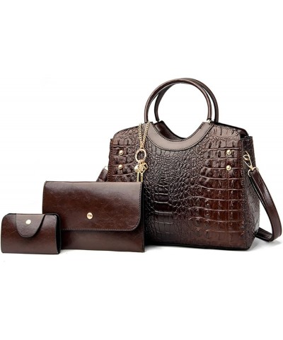 Women's Crocodile Pattern Top Handle Satchel Bag PU Leather Retro Crossbody Shoulder Bag Work Handbag Purse Set 3pcs B / Brow...