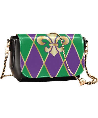 Mardi Gras Crossbody Handbag Purple Green Zigzag Golden Fleur De Lis PU Leather Shoulder Bag Sturdy Travel Pouch Compact Chic...