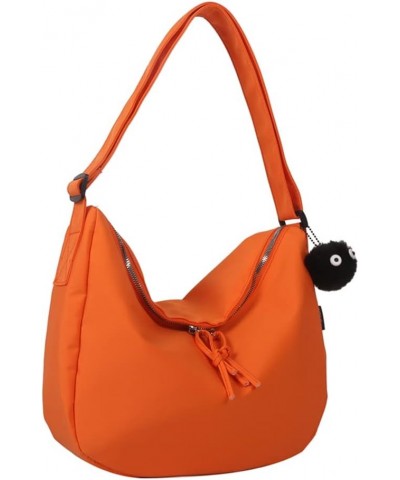 Harajuku Women Hobo Bag Large Capacity Ladies Bag Casual Zipper Solid Color with Fluffy Pendant Orange $13.34 Totes