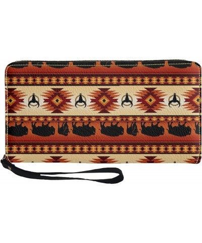 Fashion Boho Sea Turtle Flower Blue Long Wallet Shopping Clutch Purse PU Leather Handbags for Ladies Aztec Southwest Bull - B...