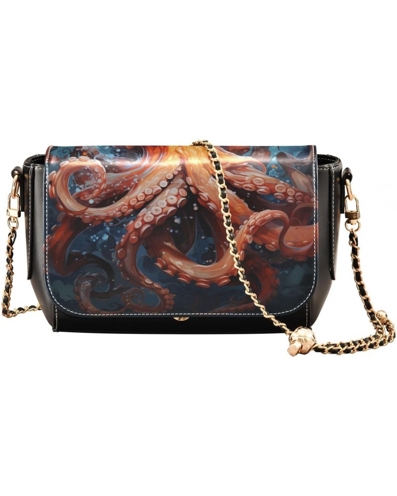 Women's Crossbody Handbags Leather Shoulder Bags Wallet Black Flap (Orange Tentacles Octopus) Print Adjustable Chain Straps S...