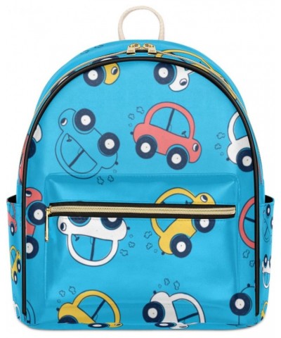 Cartoon Cars Mini Backpack Purse for Women, Cute Blue Small Backpack Leather Casual Daypacks Ladies Shoulder Bags $23.45 Back...