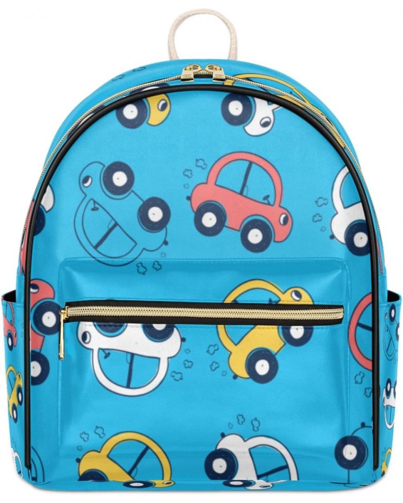 Cartoon Cars Mini Backpack Purse for Women, Cute Blue Small Backpack Leather Casual Daypacks Ladies Shoulder Bags $23.45 Back...