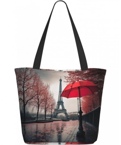 Eiffel Tower with Red Umbrella Tote Bag with Zipper for Women Inside Mesh Pocket Heavy Duty Casual Anti-water Cloth Shoulder ...