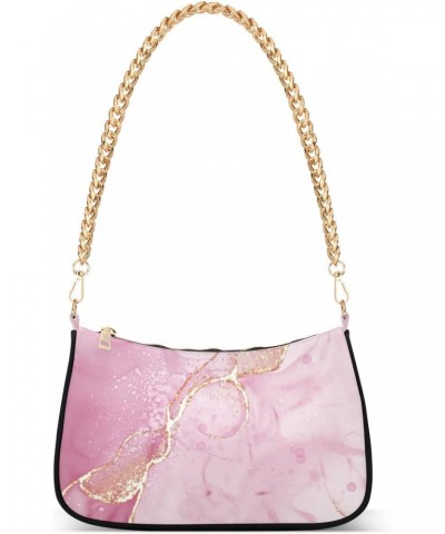 Women Chain Shoulder Purse Bag With Zipper Pink Gold Marble Luxury Print, Hobo Tote Clutch Handbags with Chain Strap $17.04 T...