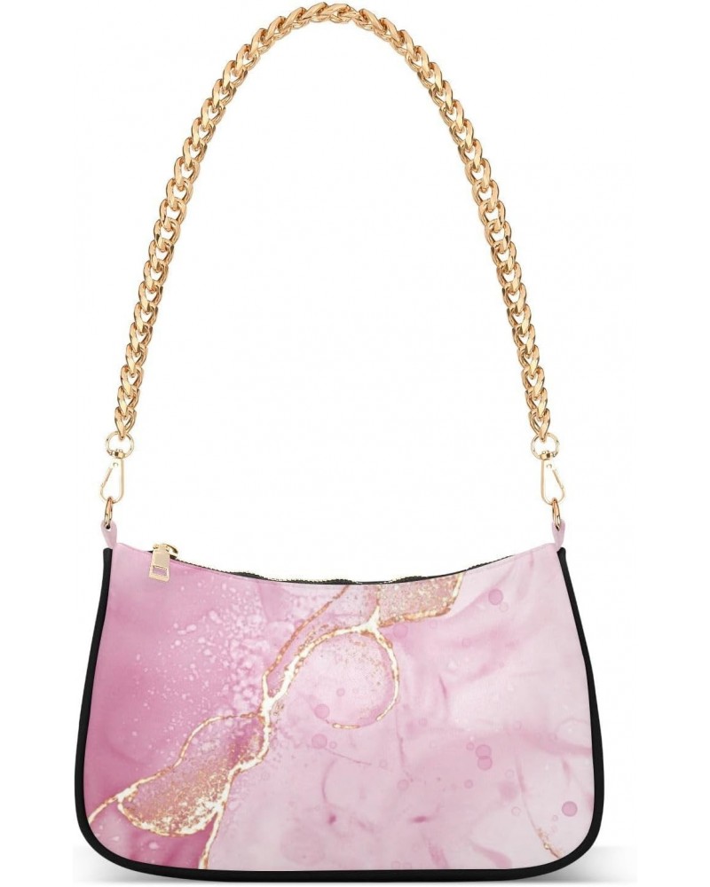 Women Chain Shoulder Purse Bag With Zipper Pink Gold Marble Luxury Print, Hobo Tote Clutch Handbags with Chain Strap $17.04 T...