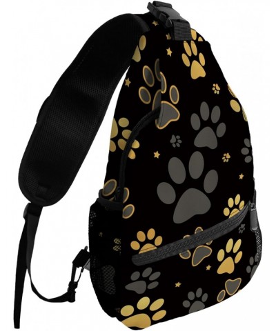 Sling Bag Crossbody Bag for Women Men Yellow Paw Print Black Background Waterproof Hiking Backpack Lightweight Chest Shoulder...