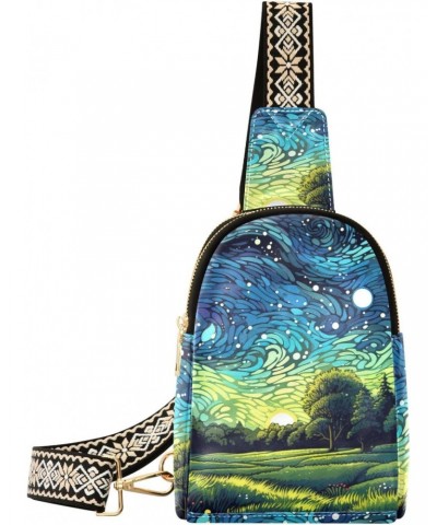 Enchanting Starry Night Print Women Sling Bag with Adjustable Strap Zipper Closure, PU Leather Water Resistant Crossbody Bag ...